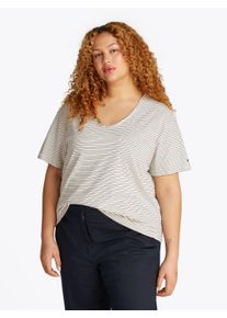 V-Shirt Tommy Hilfiger Curve "CRV MODERN CO LINEN V-NK SS", Damen, Gr. 50, blau (calico, schwarz night navy stp), Web, Obermaterial: 55% Leinen, 45% Baumwolle, gestreift, V-Ausschnitt, Shirts V-Shirt, in Gro&szlig;en Gr&ouml;&szlig;en
