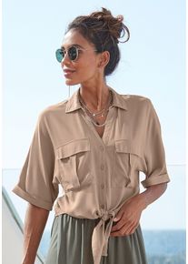 Kurzarmbluse Lascana, Damen, Gr. 40, braun (camelfarben), Web, Obermaterial: 100% Viskose, unifarben, figurumspielend h&uuml;ftlang, V-Ausschnitt, Aufschlag, Blusen Kurzarmbluse, mit Knotendetail und Knopfleiste, Hemdkragen, Damenbluse, Topseller
