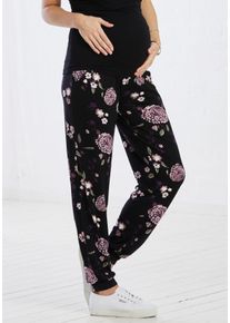 Umstandshose Neun Monate "Haremshose f&uuml;r Schwangerschaft und Stillzeit", Damen, Gr. 44/46, N-Gr, schwarz (schwarz, gebl&uuml;mt), Jersey, Obermaterial: 95% Viskose, 5% Elasthan, bedruckt, gebl&uuml;mt, gemustert, Basic, bequem lang, Hosen Umstandshose, in bequemer Passform und mit Blumenmuster, Topseller