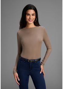 Longsleeve Bruno Banani, Damen, Gr. 48/50, taupe, Jersey, Obermaterial: 95% Viskose, 5% Elasthan, clean, unifarben, figurbetont h&uuml;ftbedeckend, hoch geschlossener Ausschnitt, Shirts Longsleeve, mit Druckknopf-Detail auf der Schulter