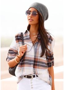 Hemdbluse Buffalo, Damen, Gr. 44, braun (braun, creme, kariert), Flanell, Obermaterial: 100% Baumwolle, kariert, figurumspielend h&uuml;ftlang, ohne Ausschnitt, mit Riegel 1-Knopf-Manschette, Blusen Hemdbluse, aus weichem Flanell mit Blusenkragen, Flanellhemd, Karobluse, Topseller