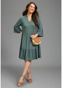 Jerseykleid LAURA SCOTT CURVE, Damen, Gr. 54, N-Gr, balsam gr&uuml;n, Jersey, Obermaterial: 94% Viskose, 6% Elasthan, unifarben, figurumspielend kniefrei, V-Ausschnitt, Volant, Kleider Jerseykleid, mit Stufenrock, aus elastischer Jersey-Qualit&auml;t, 3/4-&Auml;rmel mit Volants