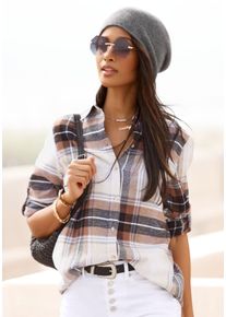 Hemdbluse Buffalo, Damen, Gr. 46, braun (braun, creme, kariert), Flanell, Obermaterial: 100% Baumwolle, kariert, figurumspielend h&uuml;ftlang, ohne Ausschnitt, mit Riegel 1-Knopf-Manschette, Blusen Hemdbluse, aus weichem Flanell mit Blusenkragen, Flanellhemd, Karobluse, Topseller