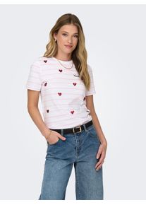 T-Shirt Only "ONLKITA LIFE REG S/S HEART TOP BOX JRS", Damen, Gr. S, wei&szlig; (hellwei&szlig; print:voila), Single Jersey, Obermaterial: 100% Baumwolle, geringelt, gestreift, regular fit h&uuml;ftlang, Rundhals, Shirts T-Shirt