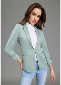 Sweatblazer Bruno Banani, Damen, Gr. 34, salbei, Milano Rib, Obermaterial: 76% Polyester, 20% Viskose, 4% Elasthan, unifarben, figurbetont h&uuml;ftlang, 2-Naht-&Auml;rmel krempelbar, Blazer Sweatblazer, h&uuml;ftlange Blazerform, figurbetonte Passform, mit Reverskragen