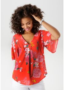 Schlupfbluse Aniston CASUAL, Damen, Gr. 38, rot (rot, beere, ros&eacute;, gelb, zartgelb, lavendel, flieder, braun, wei&szlig;, gr&uuml;n, hellgr&uuml;n, petrol), Web, Obermaterial: 100% Viskose, bedruckt, gebl&uuml;mt, figurumspielend h&uuml;ftlang, V-Ausschnitt, weit, Blusen Schlupfbluse, mit farbharmonischem Blumendruck