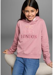 Kapuzensweatshirt Kidsworld "NYC Paris London - Stickerei", M&auml;dchen, Gr. 152/158, rosa (altrosa), Sweatware, Obermaterial: 100% Baumwolle, bestickt, gerade taillenbedeckt, B&uuml;ndchen, Sweatshirts Kapuzensweatshirt, Langarm, gerade Passform, bedruckt, Kapuze, aus Baumwolle