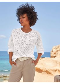 Langarmbluse Heine, Damen, Gr. 42, beige (ecru), 100% Baumwolle, unifarben, Rundhals, Blusen Langarmbluse