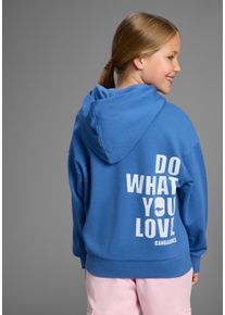 Kapuzensweatshirt Kangaroos "Hoodie mit R&uuml;ckenprint", M&auml;dchen, Gr. 176/182, blau, angeraute Sweatware, Obermaterial: 100% Baumwolle. Kapuzenfutter: 100% Baumwolle, bedruckt, l&auml;ssig geschnitten h&uuml;ftlang, Rippb&uuml;ndchen, Sweatshirts Kapuzensweatshirt, Mit Front- und R&uuml;ckenprint