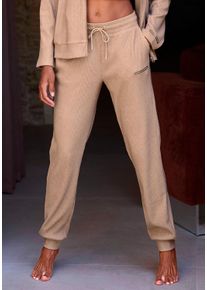 Sweathose French Connection, Damen, Gr. 44/46, N-Gr, beige (sand), Rippware, Obermaterial: 81% Polyester, 15% Viskose, 4% Elasthan, meliert, bequem lang, Hosen Sweathose, aus weicher Rippstruktur, Loungewear