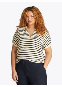 Poloshirt Tommy Hilfiger Curve "CRV LYOCELL OPEN-NK POLO SS", Damen, Gr. 46, blau (calico, schwarz night navy stp), Jersey, Obermaterial: 65% Lyocell, 32% Baumwolle, 3% Elasthan, gestreift, regular fit h&uuml;ftlang, tiefer V-Ausschnitt, elastischer Bund kontrastfarben, Shirts Poloshirt, in Gro&szlig;en Gr&ouml;&szlig;en, Polokragen, Streifenmuster