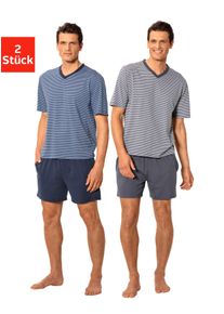 Pyjama Le Jogger, Herren, Gr. 44/46 (S), blau (blau, marine, grau, anthrazit), Single Jersey, Obermaterial: 100% Baumwolle, gestreift, Basic, bequem kurz, V-Ausschnitt, abgesteppte Kante, Homewear-Sets Pyjama, Schlafanzug mit garngef&auml;rbtem Streifen, Topseller