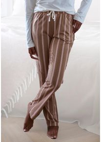 Pyjamahose Lascana, Damen, Gr. 44/46, N-Gr, braun (braun gestreift), Single Jersey, Obermaterial: 50% Baumwolle, 50% Viskose, gestreift, Basic, Basic lang, Hosen Pyjamahose, mit Druck