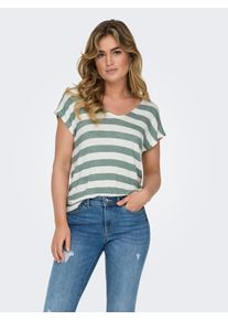 V-Shirt Only "ONLLIRA LIFE S/S V-NECK TOP JRS NOOS", Damen, Gr. L, gr&uuml;n (chinois gr&uuml;n stripes:cloud dancer), Jersey, Obermaterial: 95% Viskose, 5% Elasthan, gestreift, regular fit normal, V-Ausschnitt, Shirts V-Shirt, Topseller