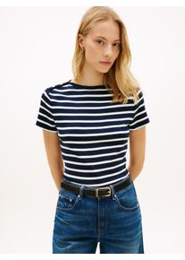 Kurzarmshirt Tommy Hilfiger "GOLD BUTTON SLIM SS TEE", Damen, Gr. M (40), breton stripe schwarz night, ecru, Single Jersey, Obermaterial: 100% Baumwolle, gestreift, slim fit, Shirts Kurzarmshirt