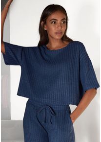 3/4-Arm-Shirt Lascana, Damen, Gr. 40/42, blau (blau, melange), Rippware, Obermaterial: 56% Polyester, 41% Viskose, 3% Elasthan, meliert, unifarben, figurumspielend kurz, Rundhals, Shirts 3/4-Arm-Shirt, Lounge-/Strickshirt aus weichem Strick, Loungewear, Topseller