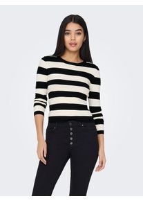 Jacqueline de Yong Rundhalspullover JDY "JDYPLUM L/S O-NECK PULLOVER KNT NOOS", Damen, Gr. S (36), schwarz (schwarz stripes:w eggnog stripes), Strick, Obermaterial: 80% Viskose, 20% Nylon, geringelt, gestreift, figurbetont h&uuml;ftlang, Rundhals, Strickkante, Pullover Rundhalspullover