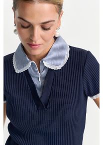 Poloshirt RICHROYAL, Damen, Gr. XS, midnight blau, Rippware, Obermaterial: 96% Baumwolle, 4% Elasthan, unifarben, unifarben mit Farbeinsatz, figurumspielend h&uuml;ftlang, V-Ausschnitt, Spitzenkante, Shirts Poloshirt, im Lagen-Look, Shirt mit V-Ausschnitt und integriertem Blusenkragen