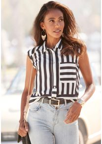 Blusentop Lascana, Damen, Gr. 44, schwarz-wei&szlig; (schwarz, wei&szlig; bedruckt), Web, Obermaterial: 100% Polyester, bedruckt, figurumspielend h&uuml;ftlang, Blusen Blusentop, mit Knopfleiste, Streifenmuster, Damenbluse mit Hemdblusenkragen, Topseller