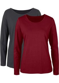 Langarmshirt bonprix, Damen, Gr. 36/38 (S), grau (anthrazit meliert, rubinrot), Jersey, Obermaterial: 65% Polyester, 30% Baumwolle, 5% Elasthan, meliert, slim fit normal, Rundhals, gerader Abschluss, Shirts Langarmshirt, Slim fit Passform, Rundhalsausschnitt, aus Baumwollmischung