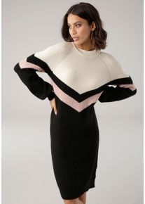 Strickkleid Laura Scott, Damen, Gr. 34, N-Gr, schwarz (schwarz, hellbeige, gestreift), Strick, Obermaterial: 50% Viskose, 28% Polyester, 22% Polyamid, gestreift, figurbetont mini, Rundhals, Raglan&auml;rmel B&uuml;ndchen, Kleider Strickkleid, mit Streifenmuster aus weicher Viskosequalit&auml;t