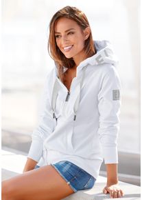 Kapuzensweatjacke ELBSAND "Kelda", Damen, Gr. XXL/44, wei&szlig;, angeraute Sweatware, Obermaterial: 95% Baumwolle, 5% Elasthan, unifarben, figurumspielend h&uuml;ftlang, Sweatjacken Kapuzensweatjacke, mit Logoprint und Taschen, Freizeitjacke, sportlich-casual, Topseller