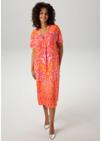 Sommerkleid Aniston CASUAL, Damen, Gr. 46, N-Gr, bunt (rosa, rot, orange), Web, Obermaterial: 100% Viskose, bedruckt, gebl&uuml;mt, gemustert, figurumspielend kniebedeckend, V-Ausschnitt, Kleider Sommerkleid, mit extravagantem, grafischen Druck, Topseller