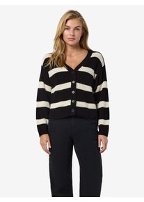 Strickjacke Noisy may "NMMAYSA L/S V-NECK KNIT CARDIGAN NOOS", Damen, Gr. M, schwarz (schwarz stripes:eggnog), Strick, Obermaterial: 50% Baumwolle, 50% Polyamid, gestreift, h&uuml;ftlang, V-Ausschnitt, Strickjacken Strickjacke