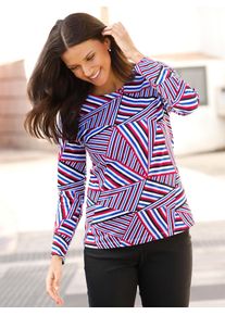 Langarmshirt Classic Basics "Langarm-Shirt", Damen, Gr. 46, blau (rot, himmelblau, bedruckt), 100% Baumwolle, gemustert, mehrfarbig, Rundhals, Shirts Langarmshirt