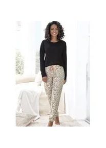 Pyjama Vivance DREAMS, Damen, Gr. 40/42, beige (schwarz, creme), Single Jersey, Obermaterial: 100% Baumwolle, ethno, gemustert, unifarben, loose fit lang, Rundhals, B&uuml;ndchen, Homewear-Sets Pyjama, mit malerischem Fischgrat-Muster