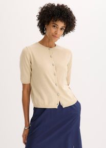 bonprix Feinstrickjacke aus feinem Viskose-Mix, beige, Gr.56/58 (3XL), leichte Kurzarm Feinstrickjacke mit dekorativen Schmuckkn&ouml;pfen