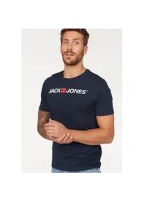 Jack & Jones T-Shirt JACK & JONES "JJECORP mit Print, vielseitig kombinierbar f&uuml;r den Alltag", Herren, Gr. M, blau (navy blazer), Obermaterial: 100% Baumwolle, bedruckt, unifarben, Basic schmal normal, Rundhals, Shirts T-Shirt, Logodruck, modisch, regular fit, Baumwolle, Rundhals