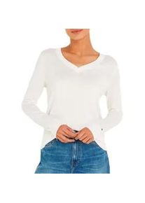 V-Ausschnitt-Pullover Tommy Hilfiger "CO JERSEY STITCH V-NK SWEATER", Damen, Gr. L (40), beige (ecru), Strick, Obermaterial: 67% Baumwolle, 33% Polyamid, unifarben, Basic normal, V-Ausschnitt, B&uuml;ndchen, Pullover, Kontrastfarbene Streifen im Ausschnitt und Logo Stickerei am &Auml;rmel
