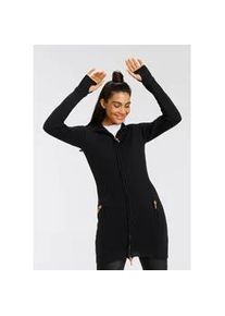 Kapuzenstrickjacke Kangaroos, Damen, Gr. 44/46, schwarz, Strick, Obermaterial: 50% Baumwolle, 50% Polyacryl, kontrastfarbene Details, unifarben, figurbetont Po-bedeckend, Rippstrickb&uuml;ndchen, Strickjacken, in schmeichelnder Longform