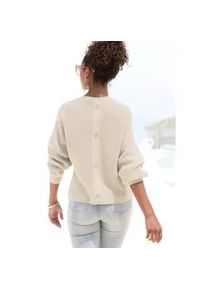 Rundhalspullover Lascana, Damen, Gr. 36/38, beige (creme), Strick, Obermaterial: 50% Viskose, 28% Polyester, 22% Polyamid, unifarben, figurumspielend h&uuml;ftlang, Rundhals, Fledermaus&auml;rmel, Pullover Rundhalspullover, mit Zierkn&ouml;pfen hinten, lockerer Strickpullover, Topseller