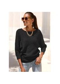 3/4 Arm-Pullover Lascana, Damen, Gr. 40/42, blau (schwarz), Strick, Obermaterial: 50% Baumwolle, 50% Polyacryl, unifarben, figurumspielend, U-Boot-Ausschnitt, Fledermaus&auml;rmel Rippb&uuml;ndchen, Pullover, mit diagonalem Strickmuster