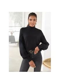 Strickpullover Lascana, Damen, Gr. 44/46, schwarz, Strick, Obermaterial: 50% Viskose, 25% Polyamid, 25% Polyester, unifarben, figurumspielend h&uuml;ftlang, Rippstrickb&uuml;ndchen, Pullover Strickpullover, mit kleinem Stehkragen, Feinstrickpullover, casual-chic, Topseller