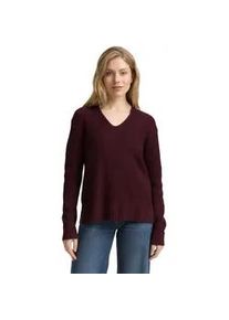 Strickpullover Tom Tailor, Damen, Gr. XL, rot (dunkelrot melange), Rippstrick, Obermaterial: 55% Baumwolle, 25% Polyacryl, 20% Polyester, Strukturmuster, meliert, regular fit taillenbedeckt, V-Ausschnitt, Pullover Strickpullover, mit Rippstruktur