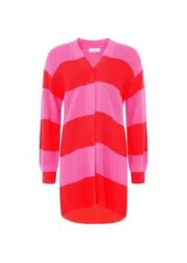 Cardigan Zwillingsherz "Katja", Damen, rot pink, Strick, Obermaterial: 70% Polyester, 30% Wolle, bequem ca. Mitte Oberschenkel, V-Ausschnitt, Rippstrickb&uuml;ndchen, Strickjacken, One Size, Wollanteil, Langarm, Blockstreifen, ohne Verschluss