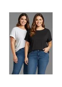 T-Shirt LAURA SCOTT CURVE, Damen, Gr. 52/54, schwarz-wei&szlig; (schwarz, wei&szlig;), Jersey, Obermaterial: 95% Viskose, 5% Elasthan, unifarben, Basic, figurumspielend h&uuml;ftbedeckend, Rundhals, Aufschlag, Shirts T-Shirt, im 2er Pack mit modischem &Auml;rmelaufschlag - GROSSE GR&Ouml;SSEN