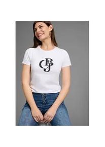 T-Shirt Bruno Banani, Damen, Gr. 32/34, wei&szlig;, Single Jersey, Obermaterial: 95% Baumwolle, 5% Elasthan, bedruckt, unifarben, Basic h&uuml;ftbedeckend, Rundhals, Shirts T-Shirt, mit Logo-Print und Glitzersteinen
