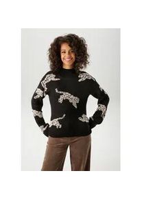 Strickpullover Aniston CASUAL, Damen, Gr. 42, schwarz (schwarz, beige), Strick, Obermaterial: 100% Polyacryl, Jacquardmuster, l&auml;ssig geschnitten h&uuml;ftlang, Strickkante, Pullover Strickpullover, mit eingestrickten Leoparden, Topseller