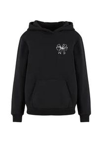 Kapuzenpullover MISS TEE "Miss Tee Good Vibes Bow Ladies Fluffy Hoody", Damen, Gr. L, schwarz, 70% Baumwolle, 30% Polyester, mehrfarbig, loose fit, ohne Ausschnitt, Pullover Kapuzenpullover