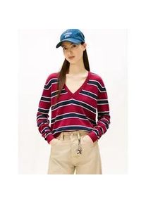Tommy Hilfiger V-Ausschnitt-Pullover TOMMY JEANS "TJW ESSENTIAL VNECK SWEATER EXT", Damen, Gr. XXL (44), lavish cerise, multi stripe, Strick, Obermaterial: 100% Baumwolle, gestreift, normal normal, V-Ausschnitt, Rippstrickb&uuml;ndchen, Pullover, mit Logostickerei