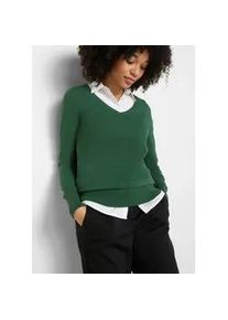 Strickpullover bonprix "Feinstrickpullover", Damen, Gr. 48/50 (XL), gr&uuml;n (dunkelgr&uuml;n), Strick, Obermaterial: 70% Baumwolle, 30% Polyamid, unifarben, schmal normal, V-Ausschnitt, Rippb&uuml;ndchen, Pullover Strickpullover, aus Baumwollmischung, mit V-Ausschnitt, schmale Passform