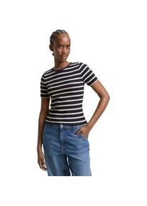 Rundhalsshirt Tom Tailor DENIM, Damen, Gr. L, navy cloud grau stripe, Single Jersey, Obermaterial: 93% Baumwolle, 7% Elasthan, gestreift, k&ouml;rpernah h&uuml;ftbedeckend, Rundhals, Shirts Rundhalsshirt, gestreift, Fein-Ripp-Optik