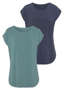 Longshirt Lascana "mit stark gerundetem Saum", Damen, Gr. 48/50, bunt (mint, navy), Single Jersey, Obermaterial: 95% Viskose (LENZING&trade; ECOVERO&trade;), 5% Elasthan, unifarben, Basic, bequem Po-bedeckend, Rundhals, angeschnitten normaler Saum, Shirts Longshirt, aus weichem Viskose-Stretch, Topseller