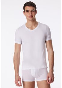 T-Shirt Schiesser "Long Life Soft", Damen, Gr. 6, wei&szlig; (100, wei&szlig;), Single Jersey, Obermaterial: 45% Baumwolle, 45% Modal, 10% Elasthan, bequem h&uuml;ftlang, V-Ausschnitt, Shirts T-Shirt, V-Ausschnitt, kurz&auml;rmelig, reduzierte Pilling-Bildung