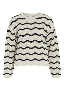 Strickpullover Vila "VIWAVE O-NECK LS POINTELLE KNIT TOP-NOOS", Damen, Gr. M, birch stripes:navy blazer, Strick, Obermaterial: 100% Baumwolle, gestreift, relaxed fit normal, Rundhals, Rippb&uuml;ndchen, Pullover Strickpullover