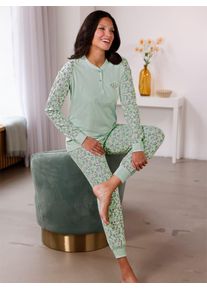Schlafanzug, Damen, Gr. 44/46, gr&uuml;n (kalkmint, bedruckt), 100% Baumwolle, Homewear-Sets Schlafanzug